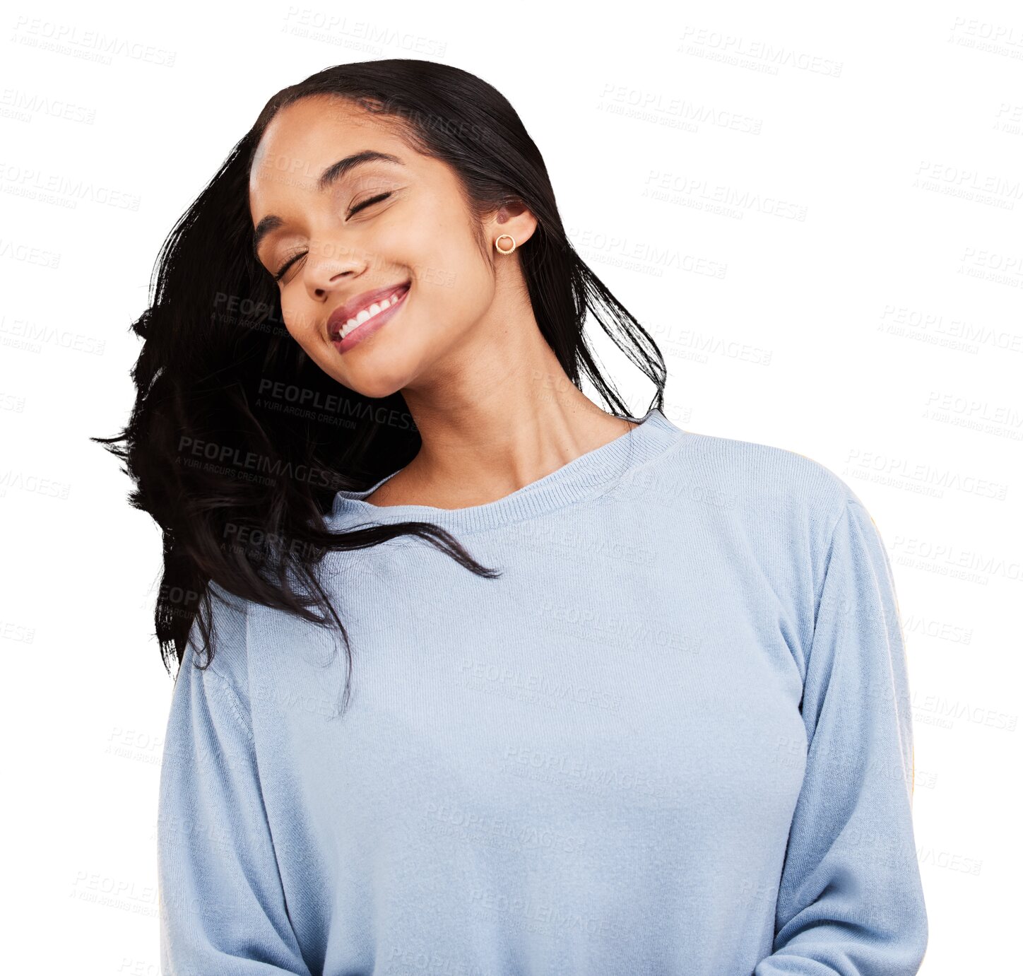 Buy stock photo Hair, beauty and youth, happy woman isolated on transparent png background with gen z fashion. Smile, natural haircare and excited girl with healthy growth, shine and self care with satisfaction.