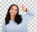 Happy, woman and portrait of peace fingers in studio, background and color backdrop. Female model, v sign and smile with hands for victory, fun mood and happiness of gen z, victory and freedom emoji 