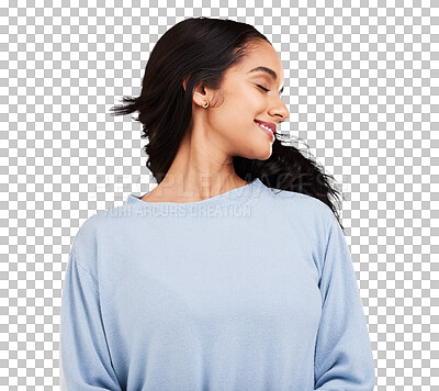 Buy stock photo Freedom, shake hair and woman with natural beauty and smile, satisfaction and gen z style.Youth and Indian female person happy with haircare and treatment isolated on a transparent, png background