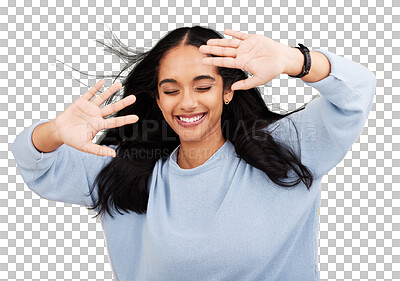 Happy, wind and face of woman with hands on yellow background with smile, happiness and freedom. Hair blowing, mockup space and isolated girl with open palms for beauty, relaxing and calm in studio