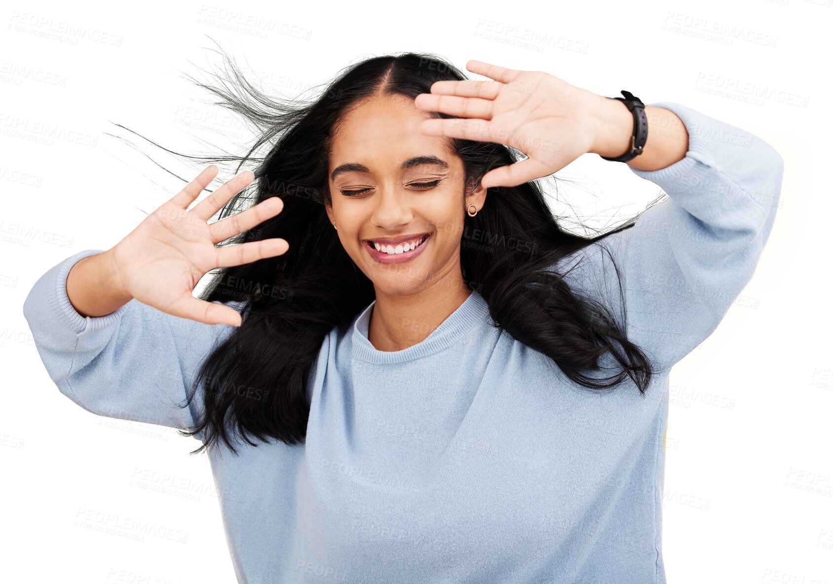 Buy stock photo Happy, wind and face of woman with hands with smile, gen z style and freedom. Hair blowing, female person and girl with open palms with casual fashion isolated on a transparent, png background