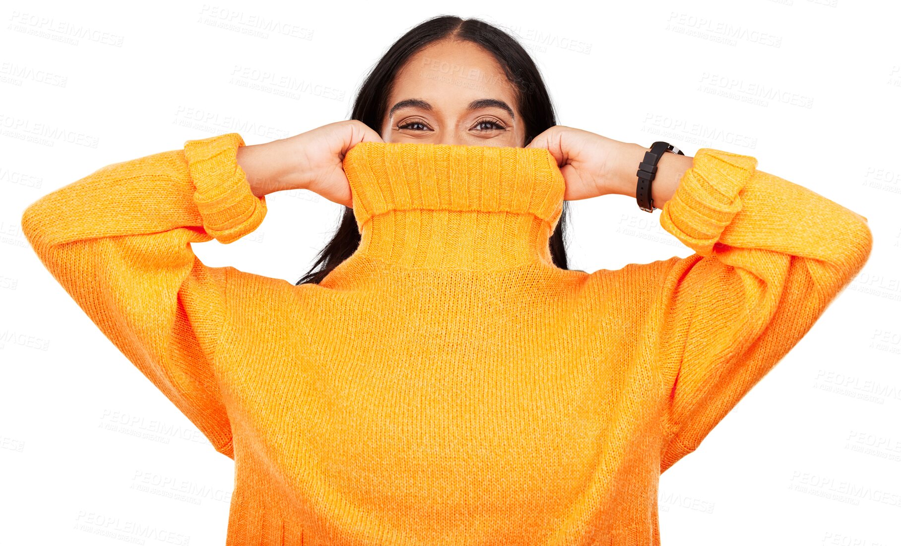 Buy stock photo Hide, sweater and portrait of a woman pull jersey isolated in transparent or png background for cold. Clothes, winter and fashion by young person holding jumper up for covering, warmth and weather