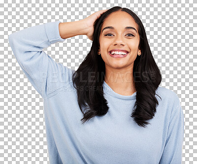 Young woman, hair and beauty, happy in portrait and satisfaction with gen z, fashion on yellow studio background. Happiness, youth and Indian female smile, haircare and cosmetics, growth and shine
