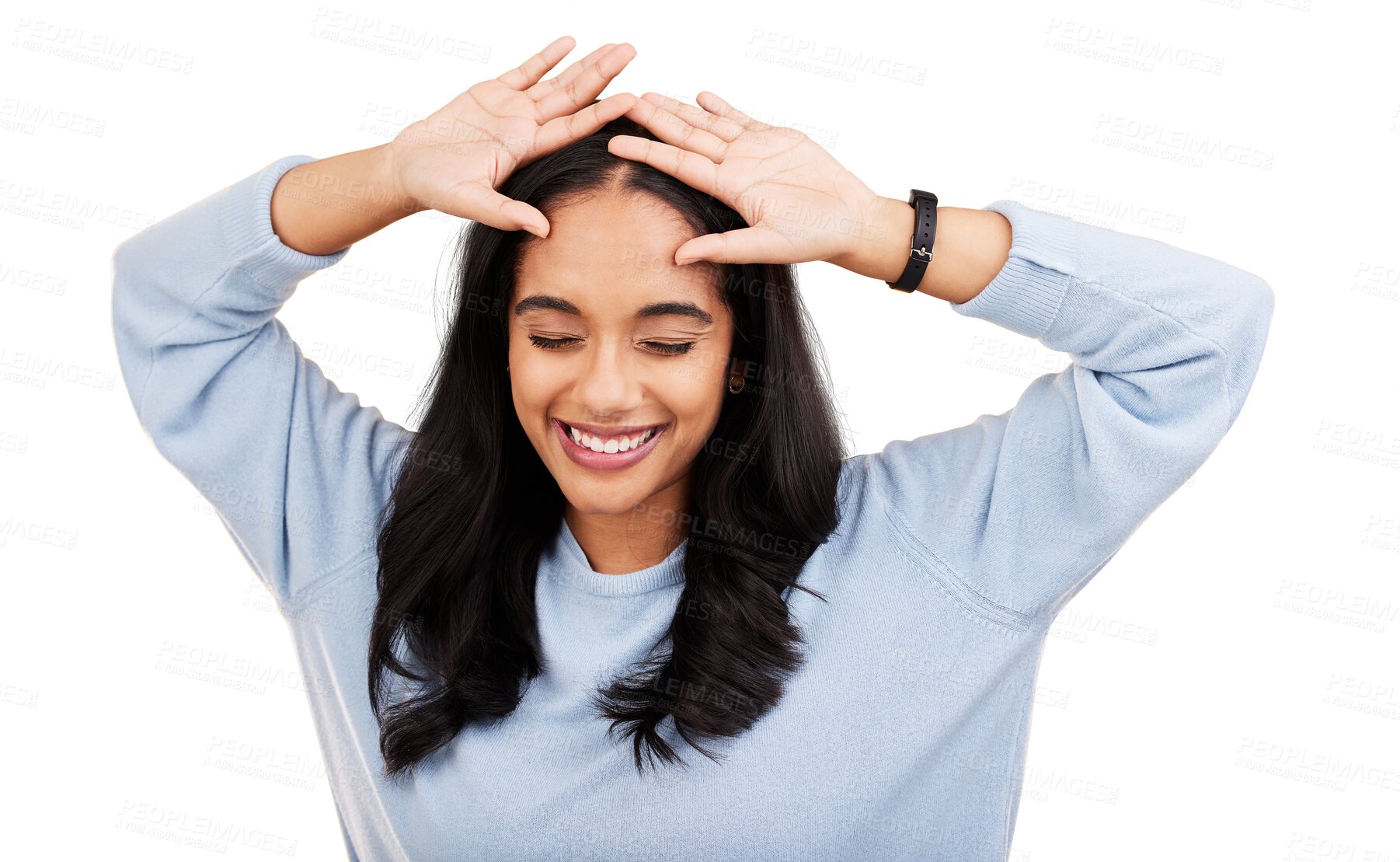 Buy stock photo Happy dance, smile and woman hands on head with confidence, gen z fashion and laughing. Dancing, excited and girl from India with open palms with trendy style isolated on transparent, png background