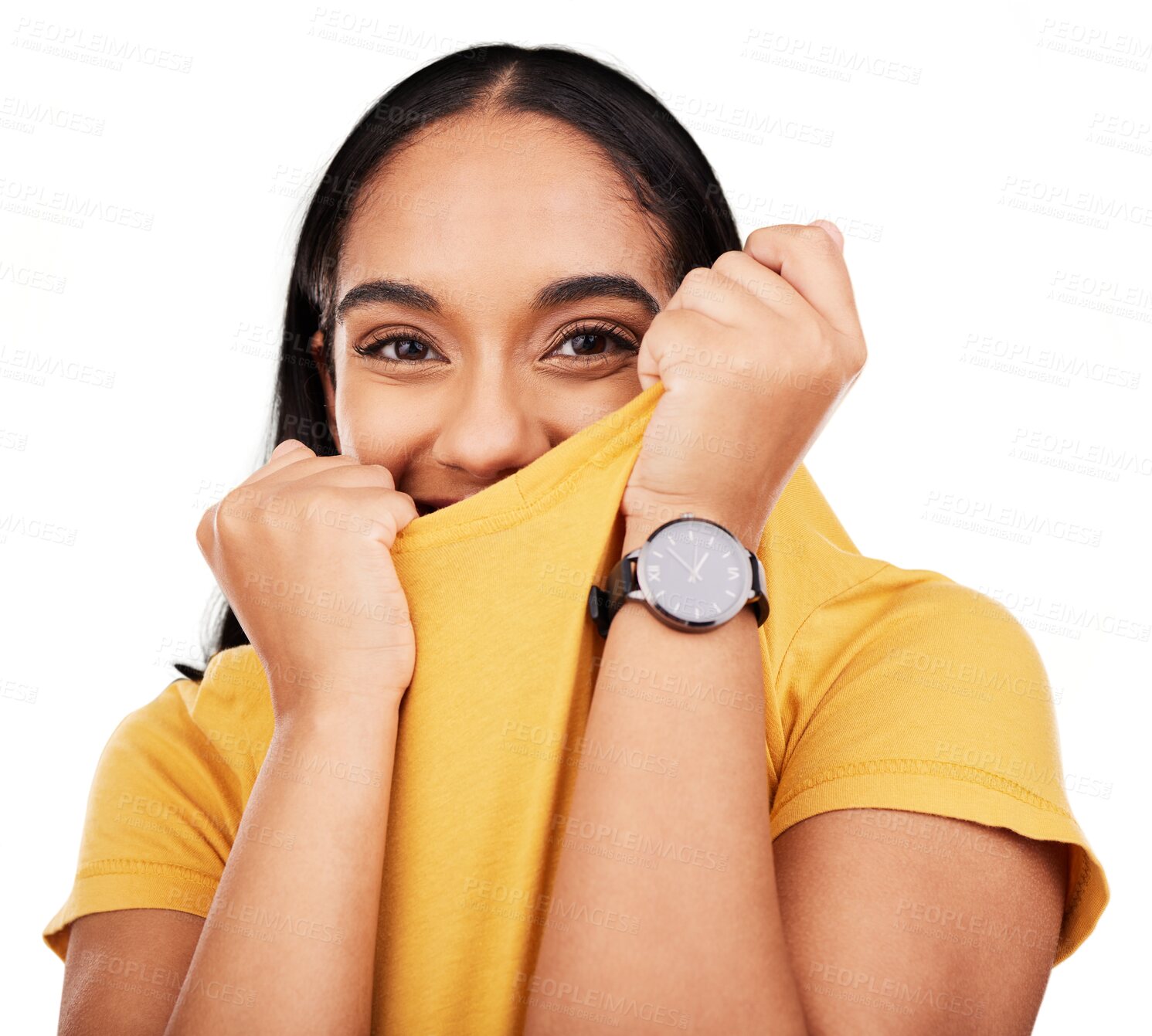 Buy stock photo Portrait, happy and shy woman in studio hiding face on isolated, transparent and png background. Embarrassed, smile and cute female cover reaction, expression and body language, introvert or sweet