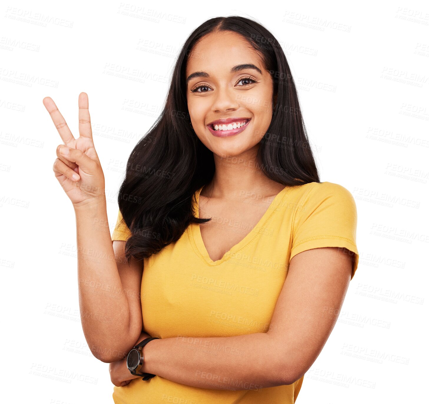 Buy stock photo Smile, portrait and happy woman with peace fingers isolated in transparent or png background. Happiness, v sign and person in celebration or hand gesture for victory, fun and gen z with freedom emoji