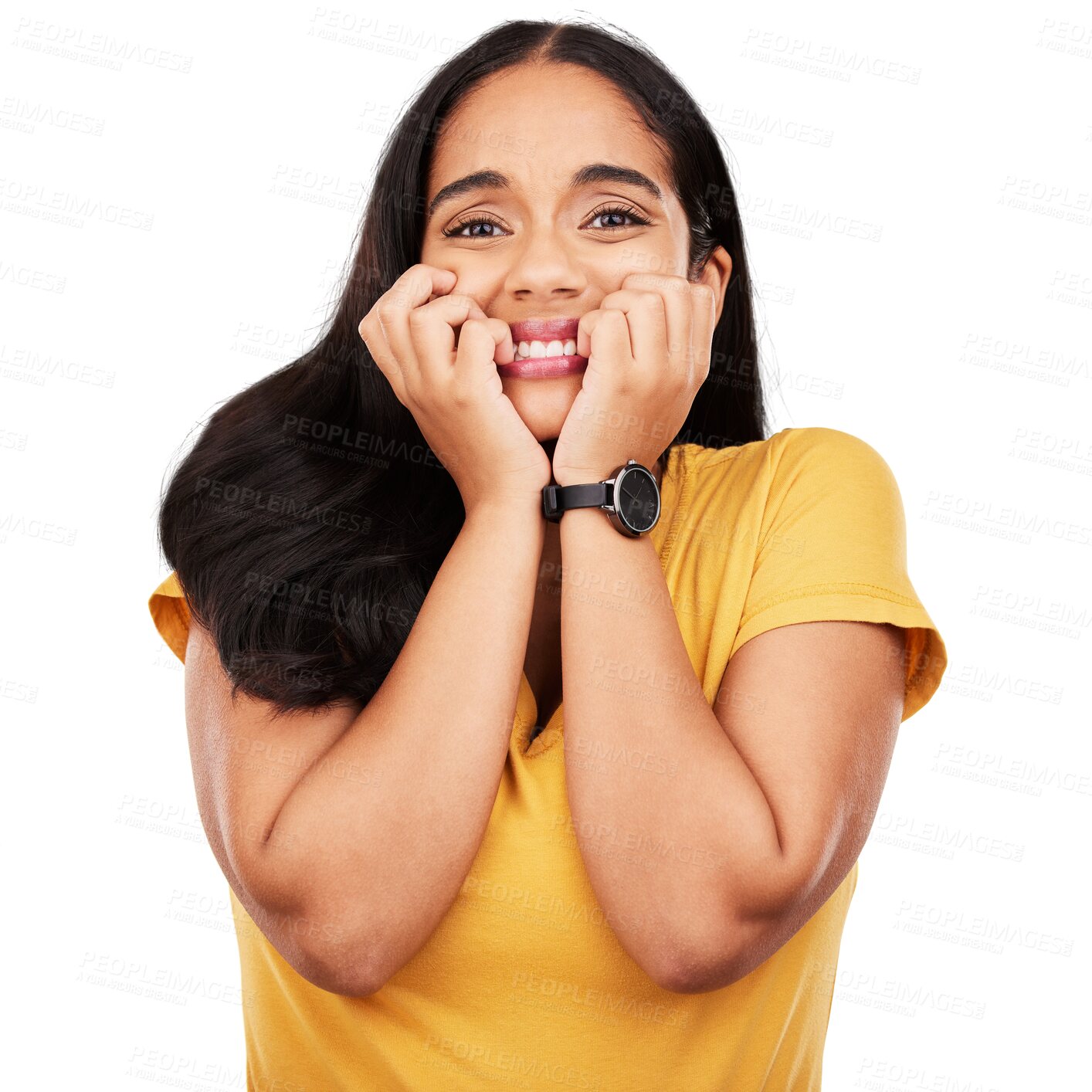 Buy stock photo Nervous, fear and portrait of woman isolated on a transparent png background with stress, anxiety and biting nails. Face of scared female model panic for terror, phobia and feeling worried of mistake