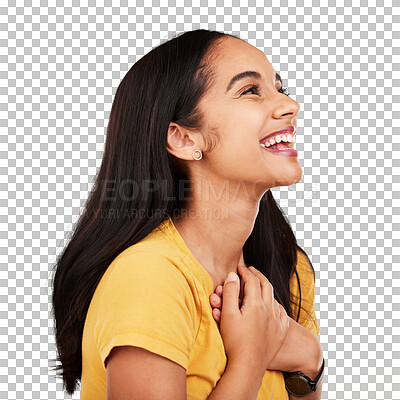 Woman laugh, profile and studio with a excited young model happy with casual fashion. Isolated, yellow background and gen z, student and female person with a smile feeling happiness and surprise