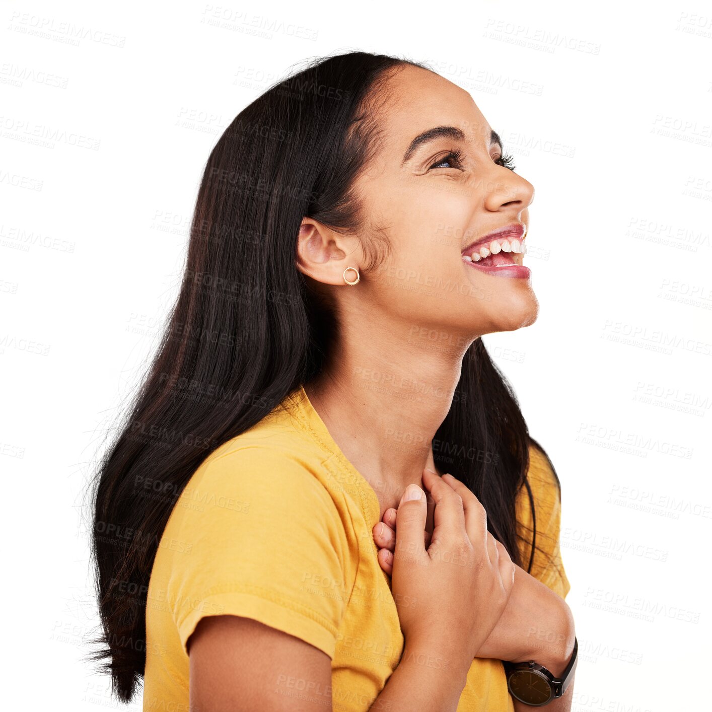 Buy stock photo Woman, smile and hands on chest, heart and isolated on a transparent png background. Face, excited and happy female model thinking of self love, gratitude and kindness for health, care and freedom