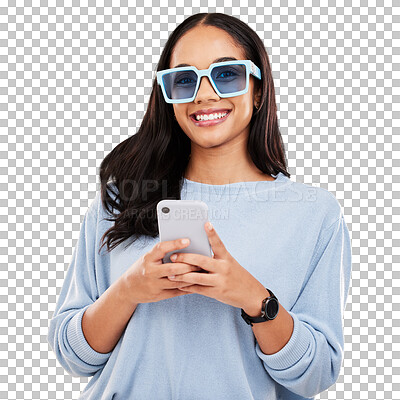 Phone, smile and portrait of woman with sunglasses in yellow studio for social media, website and internet. Communication, mockup space and happy girl on smartphone for chat, message and network