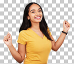 Happy, young and portrait of a beautiful woman isolated on a yellow background in a studio. Casual, smile and a gorgeous girl looking cheerful, cute and fashionable in a bright shirt on a backdrop