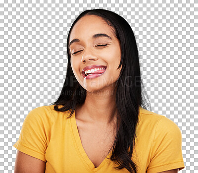 Buy stock photo Woman, face and funny with tongue out isolated on a transparent png background for good mood, meme or personality. Happy, crazy and silly young gen z model with emoji, expression and playful reaction