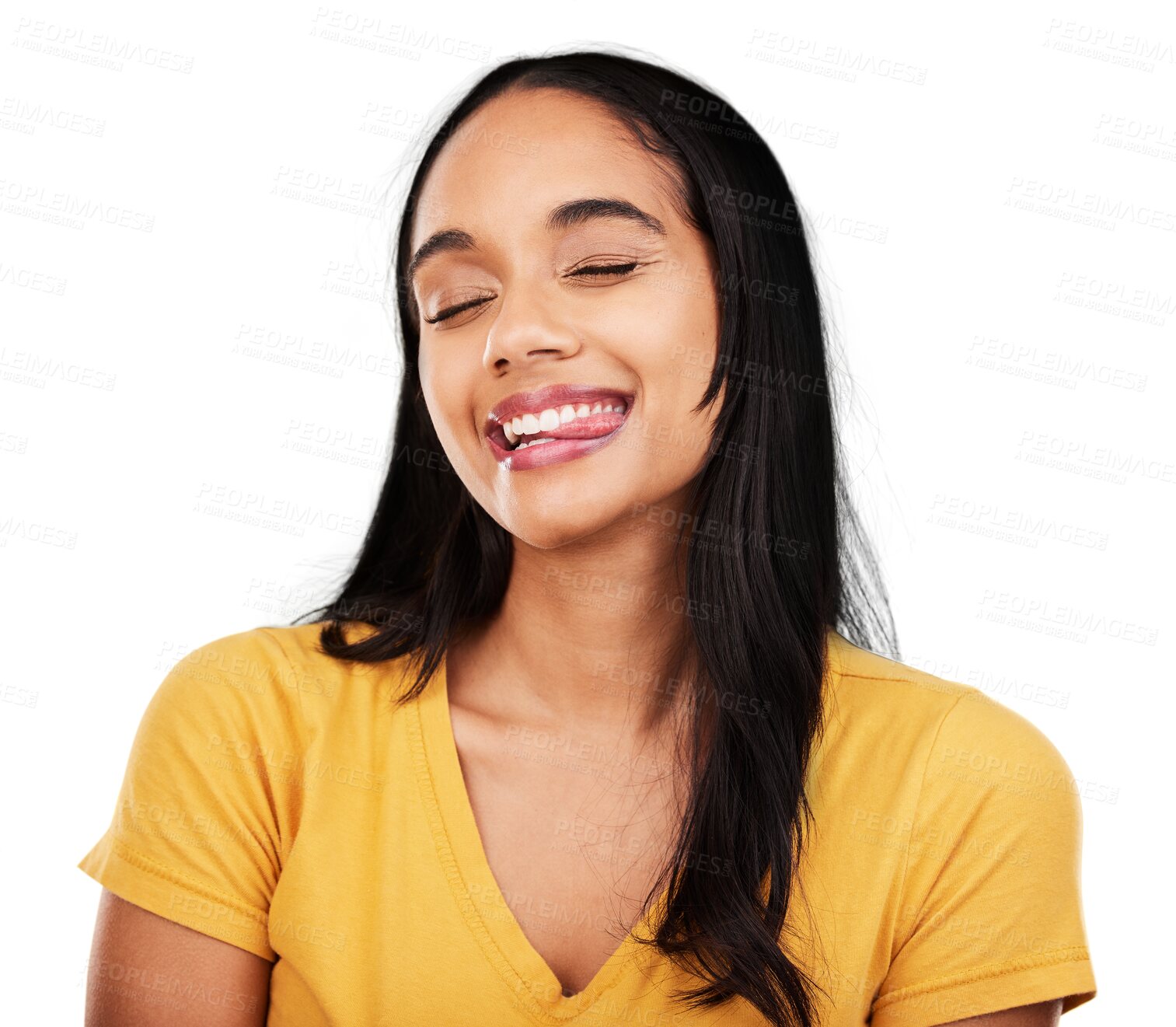 Buy stock photo Woman, face and funny with tongue out isolated on a transparent png background for good mood, meme or personality. Happy, crazy and silly young gen z model with emoji, expression and playful reaction