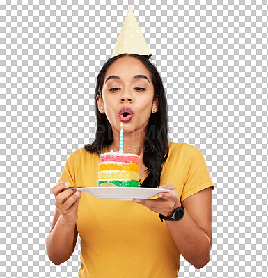 Woman, birthday cake and celebration, blow out candle with rainbow dessert isolated on yellow background. Celebrate, festive and young female, making a wish with sweet treat and party hat in studio