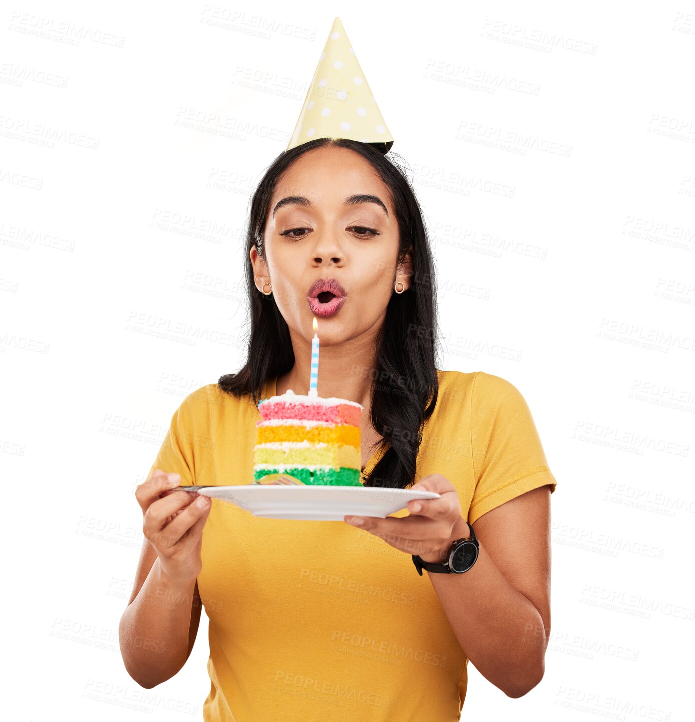 Buy stock photo Birthday, cake and woman blow candle on isolated, png and transparent background for wish. Excited, happy and female person with rainbow dessert, sweet treat or surprise for fun, party or celebration