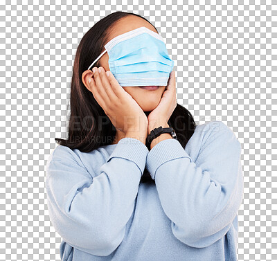 Covid, face mask and shock with woman and blindfold in studio for medical, crazy and healthcare. Comic, virus and carefree with female on yellow background for vaccine, protection and pandemic