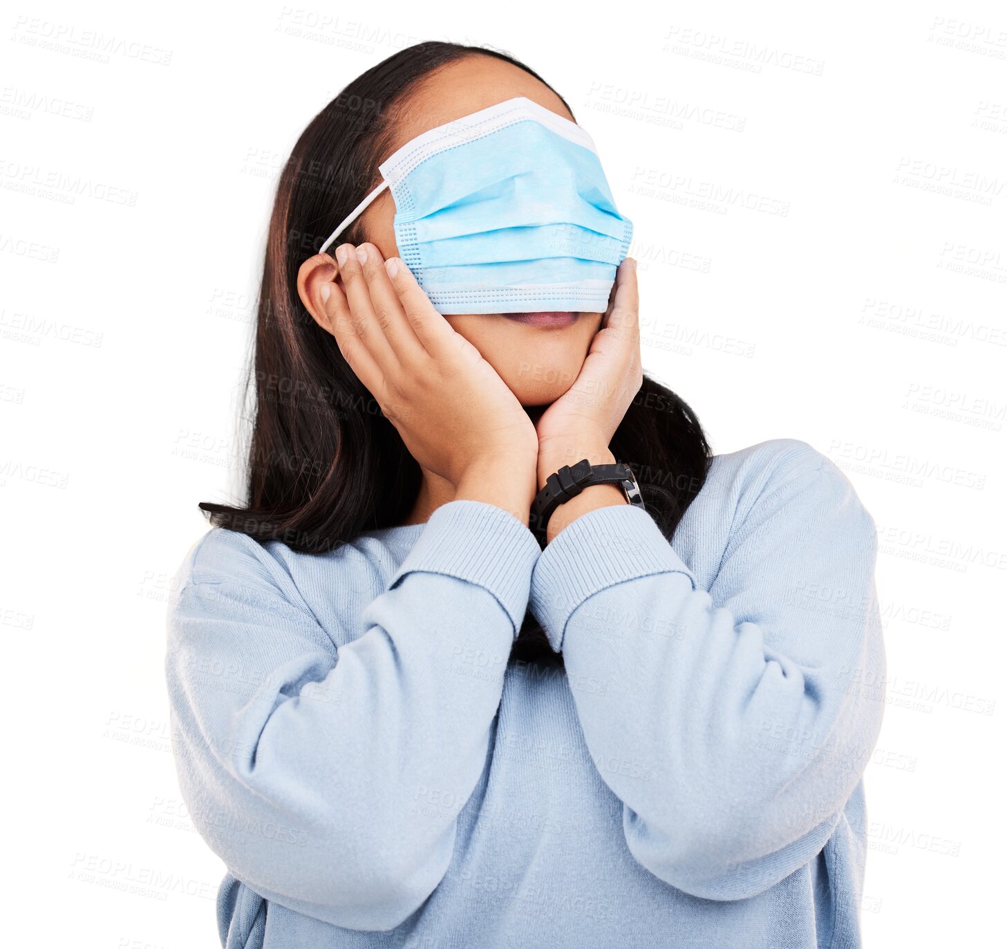 Buy stock photo Face mask, hide and woman with safety, protection and medical security for healthcare, disease or virus prevention. Blindfold cover, patient wellness and health person on transparent, png background