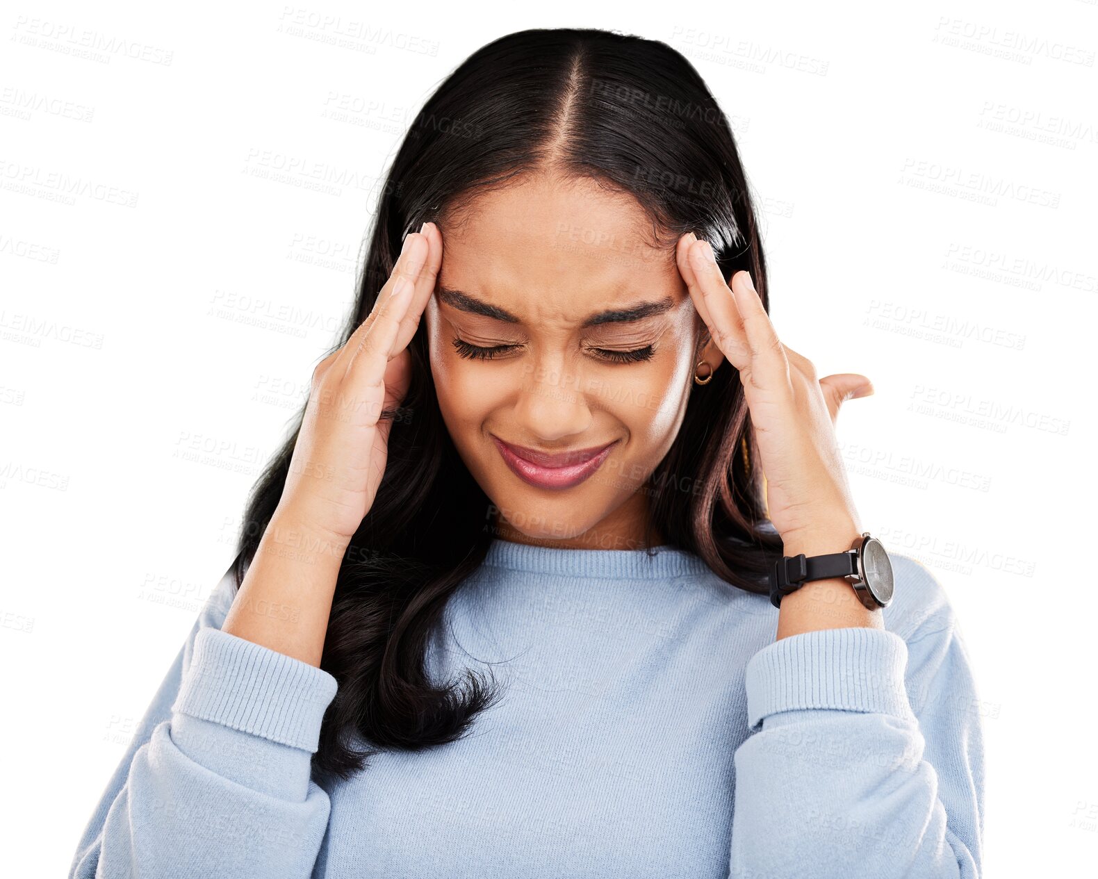 Buy stock photo Stress, frustrated and person with headache pain isolated in a transparent or png background with anxiety or depression. Angry, migraine and tired young woman with tension, strain and fatigue