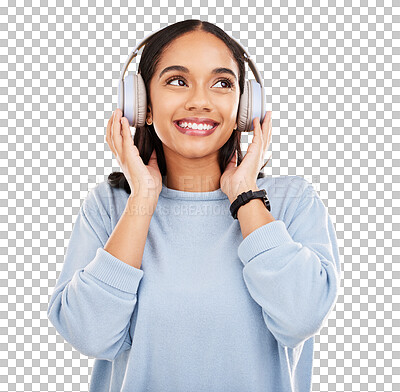 Happy, music and headphones with woman in studio for streaming, online radio and audio. Smile, media and podcast with female isolated on yellow background for technology, listening and connection