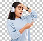 Shock, surprise and woman with phone, headphones and hand on head isolated on yellow background. Social media, music news or exciting online gossip, hispanic girl reading notification on smartphone.