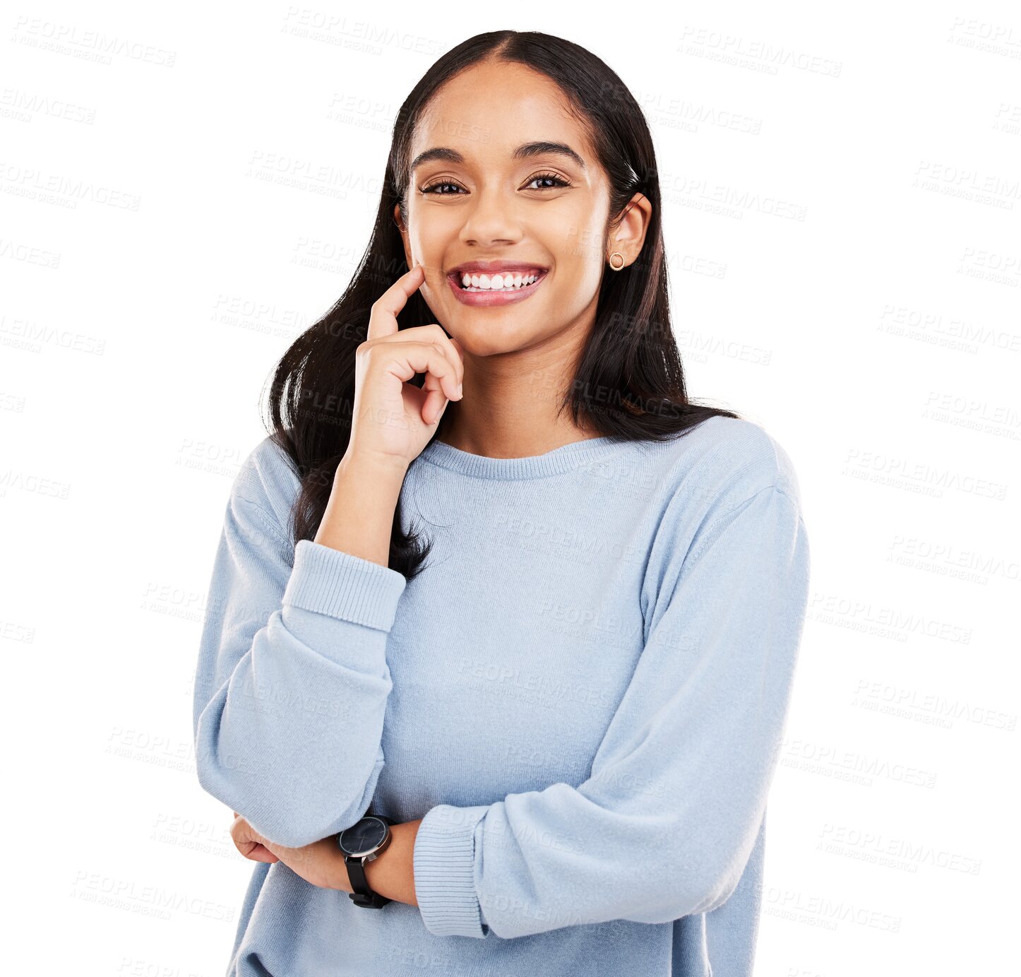 Buy stock photo Happy woman, portrait and smile with teeth standing isolated on a transparent PNG background. Face of female person or model in casual clothing, happiness or satisfaction and natural beauty cosmetics