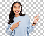 Yellow background, point and portrait of woman with smile for advertising, promotion and announcement. Mockup space, studio and isolated happy girl with hand gesture for information, discount or news