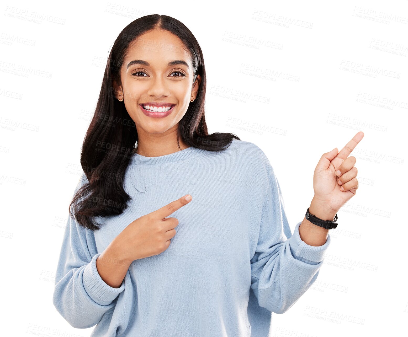 Buy stock photo Happy woman, portrait and pointing hands for advertising isolated on a transparent PNG background. Female person or model finger for advertisement show, discount sale or promotion deal and marketing