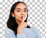 Secret, portrait and woman with finger on lips in studio, yellow background and privacy sign. Face of female model, silence and shush for quiet, gossip and whisper emoji for confidential mystery news