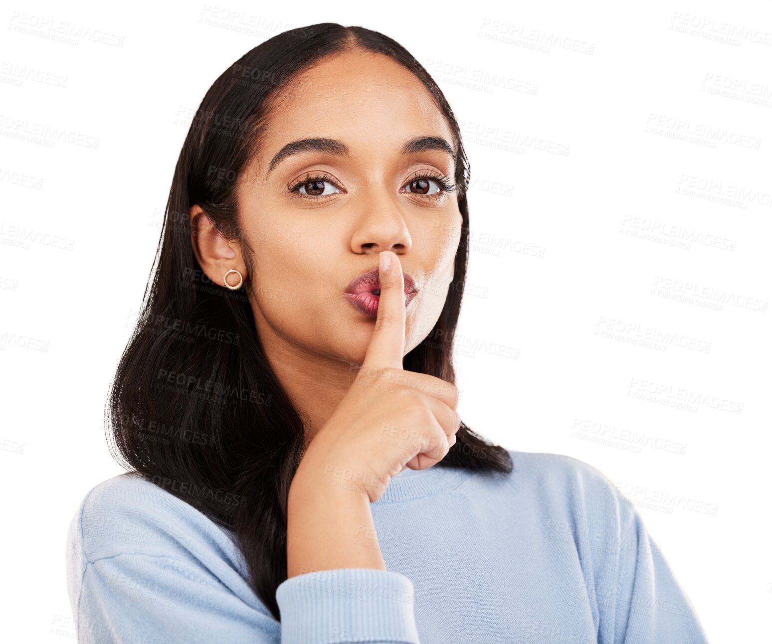 Buy stock photo Secret, whisper and woman portrait with news info on isolated, transparent or png background. Confidential, announcement and lady face with hand emoji for promo, deal or coming soon gossip or drama
