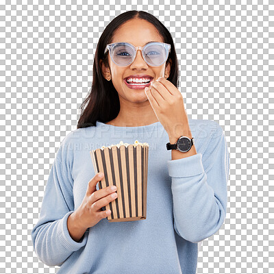 Woman is eating popcorn, happy in portrait with snack for watching tv or movie on yellow studio background. Streaming service, cinema and food with corn treat, female with smile and funky sunglasses