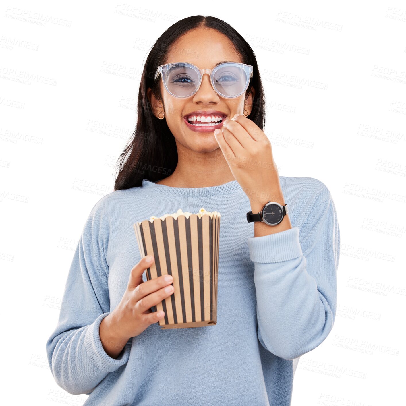 Buy stock photo Happy woman, laughing and eating popcorn, food and watch funny television show, joke film or movie theatre humour. Snack, comedy video and hungry person watching tv on transparent, png background