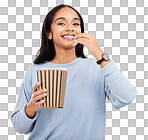 Woman is eating popcorn, happiness and portrait with snack for watching tv or movie on yellow studio background. Streaming service, film and food with corn treat, young female with smile and cinema
