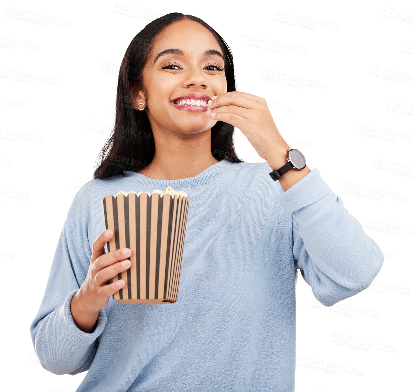 Buy stock photo Happy portrait, woman or eating popcorn, food and watch television show, subscription film or movie theatre. Snack, streaming entertainment or hungry person watching tv on transparent, png background