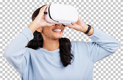 Woman with VR goggles, smile and experience in metaverse, digital world and futuristic on yellow studio background. Virtual reality, technology and UX, happiness and cyber space with gaming