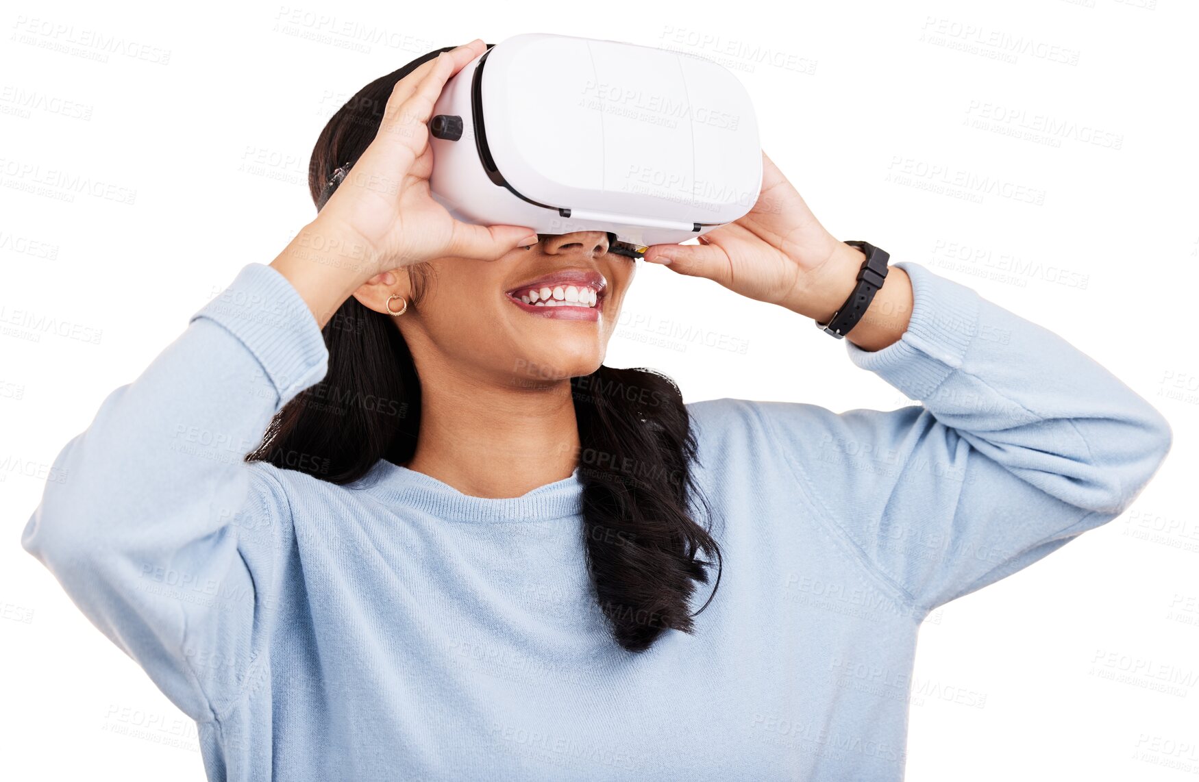 Buy stock photo Happy, virtual reality headset and metaverse woman looking at digital world matrix, gaming AI software or simulation. AR experience, future technology and meta person on transparent, png background