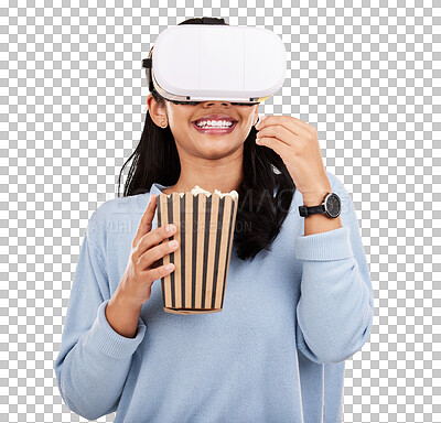 Woman is eating popcorn, happy and VR goggles with snack for watching tv or movie on yellow studio background. Future technology, female with virtual reality experience and corn treat, cinema and UX