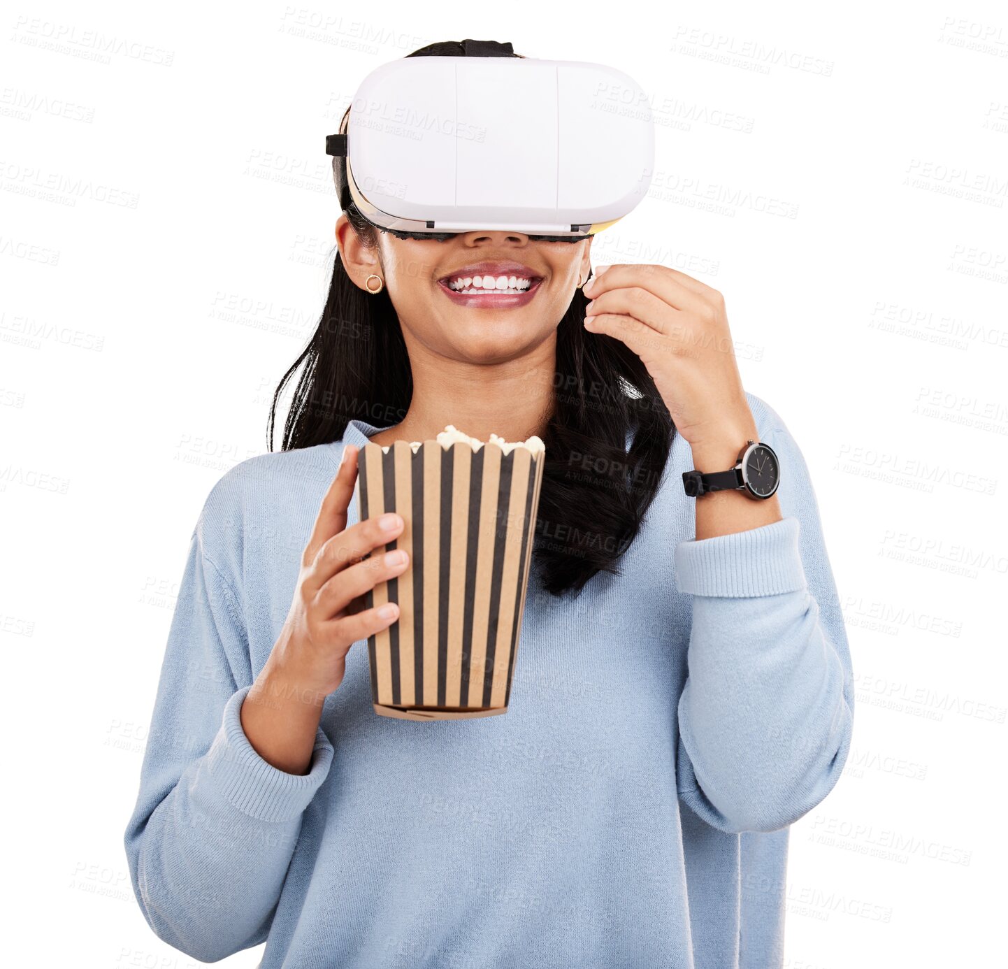 Buy stock photo Happy woman, augmented reality headset and eating popcorn, food and watch 3D television show, virtual film or movies. Cinema snack, VR future tech or person watching tv on transparent, png background