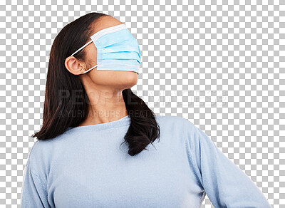 Covid, face mask and blindfold with woman in studio for medical, crazy and healthcare. Comic, virus and carefree with female on yellow background for vaccine, protection and pandemic safety