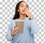 Happy woman is eating popcorn, portrait and box in hand, snack for watching tv or movie on yellow studio background. Streaming service, film and food with corn treat, female with smile and cinema