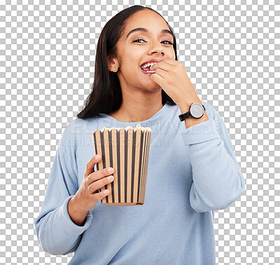 Happy woman is eating popcorn, portrait and box in hand, snack for watching tv or movie on yellow studio background. Streaming service, film and food with corn treat, female with smile and cinema