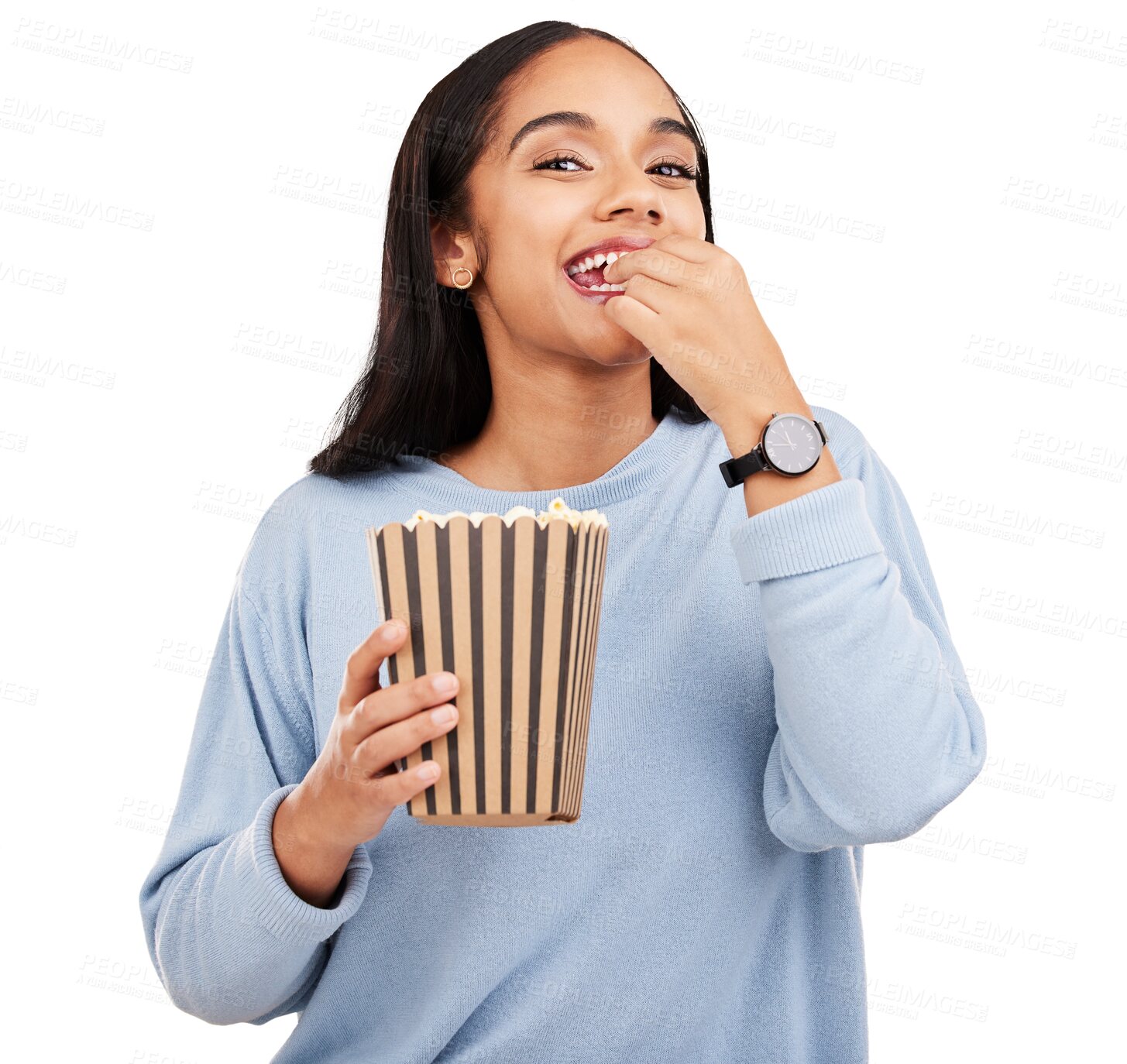 Buy stock photo Portrait woman, smile or eating popcorn, food and watch television show, streaming film series or cinema video. Happy, movie theatre snack or hungry person watching tv on transparent, png background