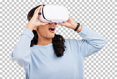 Buy stock photo Surprise, virtual reality headset and metaverse woman shocked with digital transformation news, matrix or gaming announcement. Video game experience, wow or meta person on transparent, png background