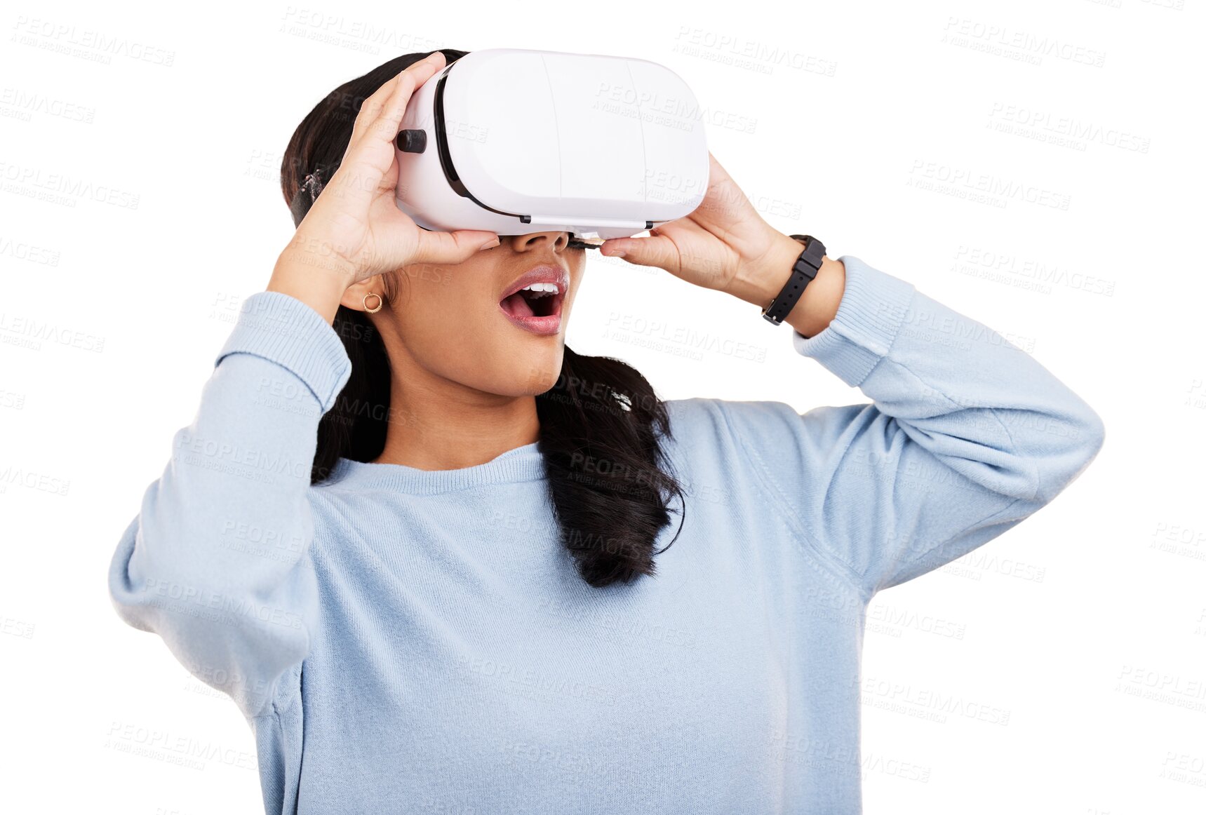 Buy stock photo Surprise, virtual reality headset and metaverse woman shocked with digital transformation news, matrix or gaming announcement. Video game experience, wow or meta person on transparent, png background