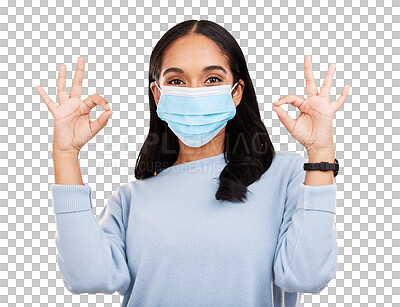 Covid, okay sign and portrait of woman in studio for positive, illness and approval. Protection, prevention and disease with female isolated on yellow background for medical, healthcare and pandemic