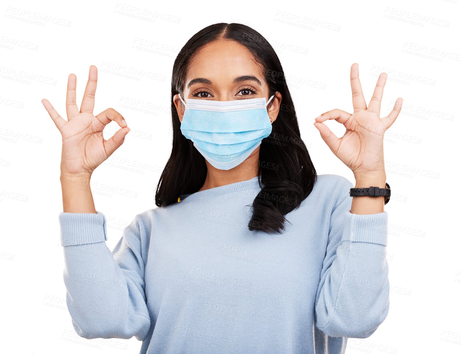 Buy stock photo Face mask, perfect sign and portrait of woman for positive, safe illness and approval. Protection, disease and young female model with healthcare prevention isolated by a transparent png background.