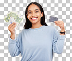 Woman, portrait smile and credit card with money for ecommerce, shopping or banking against a yellow studio background. Happy female shopper smiling and holding cash and debit from bank withdrawal