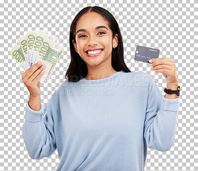 Buy stock photo Happy woman, portrait and cash vs credit card with money for ecommerce, payment or banking isolated on a transparent PNG background. Excited female person or shopper for online or electronic finance