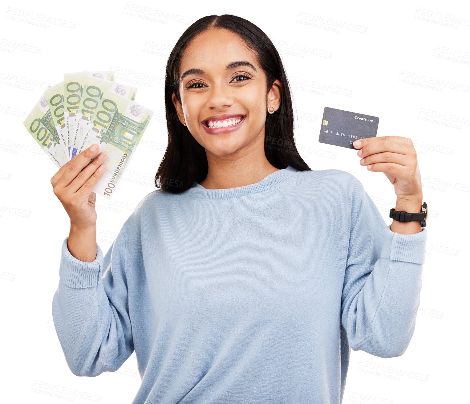 Buy stock photo Happy woman, portrait and cash vs credit card with money for ecommerce, payment or banking isolated on a transparent PNG background. Excited female person or shopper for online or electronic finance