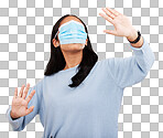 Face mask, covid and woman in blindfold in studio for medical misinformation or conspiracy theory. Deception, virus and female isolated on yellow background for vaccine, protection or pandemic safety