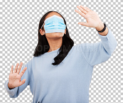 Face mask, covid and woman in blindfold in studio for medical misinformation or conspiracy theory. Deception, virus and female isolated on yellow background for vaccine, protection or pandemic safety